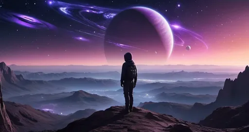 Prompt: A beautiful alien like world with another planet in the sky where you can see lights from their cities. The sky will have plenty of stars and galaxies in it. Do not put the stars and galaxies inside the planet that is in the background. purple and galaxy theme colors would be great. try to add some more color to this picture.
Can you add a guy standing up looking at the view? 
Can you add some more blue coloring? and more stars and galaxies in the sky