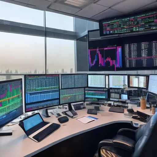 Prompt: amazing office in dubai + big screen trading with forex