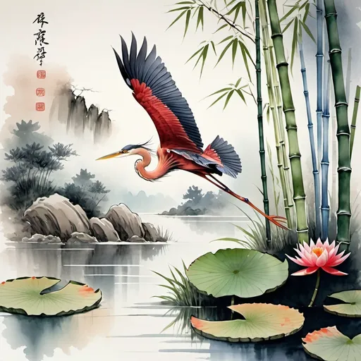 Prompt: Feng Shui Paintings is the vertical hanging scroll, a majestic red heron flying over a lake, bamboo, water lilies, ink and watercolor, muted colors, natural background gradient colors, raw style