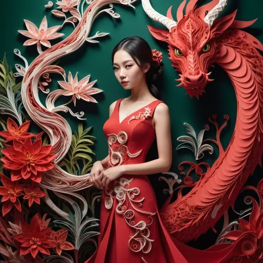 Prompt: A woman in a red dress standing next to a dragon, by Lü Ji, amy sol in the style of layered paper art, style of paper quilling, background: jungle river, beautiful intricate masterpiece, silk flowing in wind, carved wood, beautiful as the moon, anthropomorphic female deer, an elegant woman in red dress, naturepunk.
Photorealism. A masterpiece. Close-up, expressive eyes, cinematic lighting, studio shooting, rendering, high detail, medieval style, high contrast, maximum sharp focus, 32K, dimmed light, cinematic poster, digital concept art, saturated colors