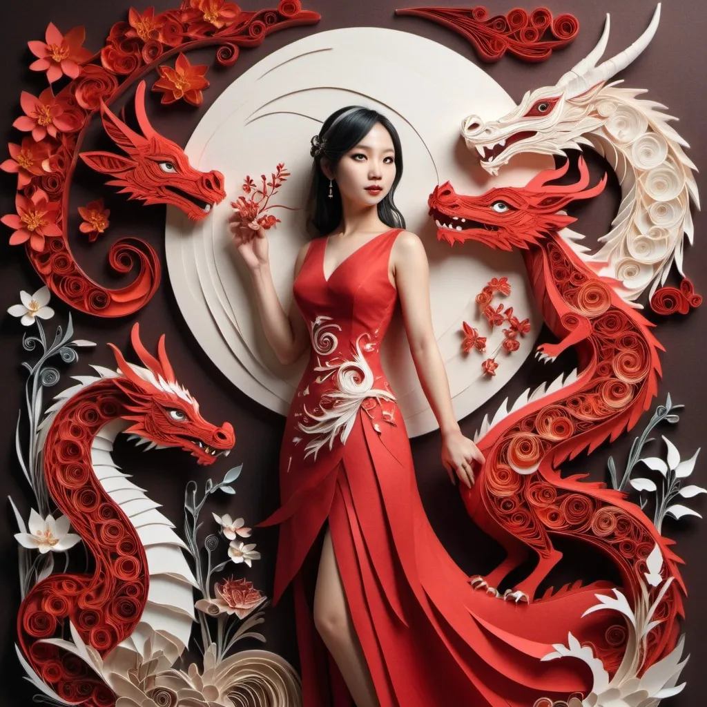 Prompt: A woman in a red dress standing next to a dragon, by Lü Ji, amy sol in the style of layered paper art, style of paper quilling, background: jungle river, beautiful intricate masterpiece, silk flowing in wind, carved wood, beautiful as the moon, anthropomorphic female deer, an elegant woman in red dress, naturepunk.
Photorealism. A masterpiece. Close-up, expressive eyes, cinematic lighting, studio shooting, rendering, high detail, medieval style, high contrast, maximum sharp focus, 32K, dimmed light, cinematic poster, digital concept art, saturated colors