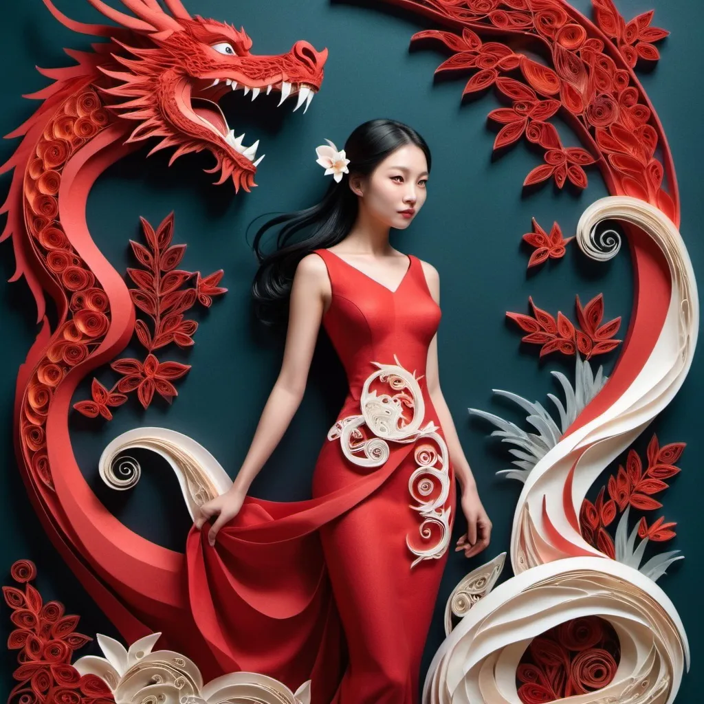 Prompt: A woman in a red dress standing next to a dragon, by Lü Ji, amy sol in the style of layered paper art, style of paper quilling, background: jungle river, beautiful intricate masterpiece, silk flowing in wind, carved wood, beautiful as the moon, anthropomorphic female deer, an elegant woman in red dress, naturepunk.
Photorealism. A masterpiece. Close-up, expressive eyes, cinematic lighting, studio shooting, rendering, high detail, medieval style, high contrast, maximum sharp focus, 32K, dimmed light, cinematic poster, digital concept art, saturated colors