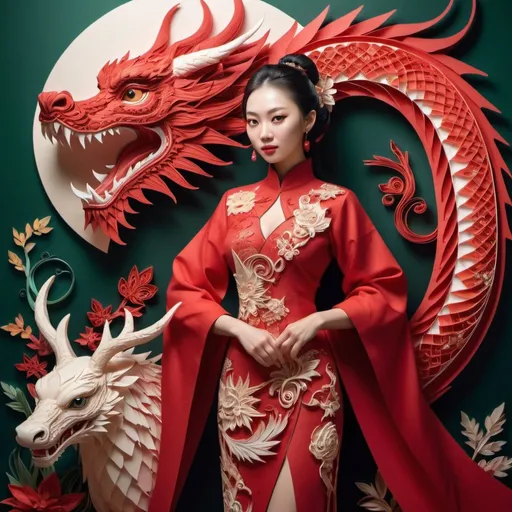 Prompt: A woman in a red dress and a man in a red robe standing next to a dragon, by Lü Ji, amy sol in the style of layered paper art, style of paper quilling, background: jungle river, beautiful intricate masterpiece, silk flowing in wind, carved wood, beautiful as the moon, anthropomorphic female deer, an powerful man in red armor, elegant woman in a dress, naturepunk.
Photorealism. A masterpiece. Close-up, expressive eyes, cinematic lighting, studio shooting, rendering, high detail, medieval style, high contrast, maximum sharp focus, 32K, dimmed light, cinematic poster, digital concept art, saturated colors