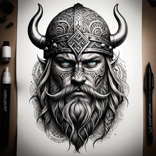 Prompt: A striking tattoo of a fierce Viking warrior's head, adorned with a flowing beard and a helmet with intricate designs. The tattoo is rendered in bold, black ink, with a touch of tribal patterns. The overall atmosphere is powerful and mysterious, capturing the essence of the Viking culture.