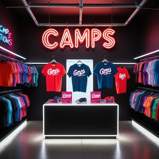 Prompt: A revised vibrant and dynamic neon-themed retail display for 'Camp's Creations' with all signs spelled correctly. The scene includes three t-shirts in red, white, and blue, each emitting a neon glow. Light rays radiate from a central point above, creating an energetic atmosphere. The brand name 'Camp's Creations' is spelled correctly in bold, dripping neon font contrasting with the shirt colors. A glowing neon sign reads 'Custom Apparel' correctly spelled on a dark wall. The reflective floor enhances the depth and electric feel of the scene. Bright, glowing neon particles float around.