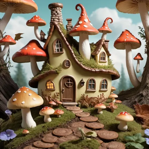 Prompt: A whimsical fairy land with wild mushrooms growing and a little house made out of a cookie jar. Little elves running about and a dragon soaring in the sky
