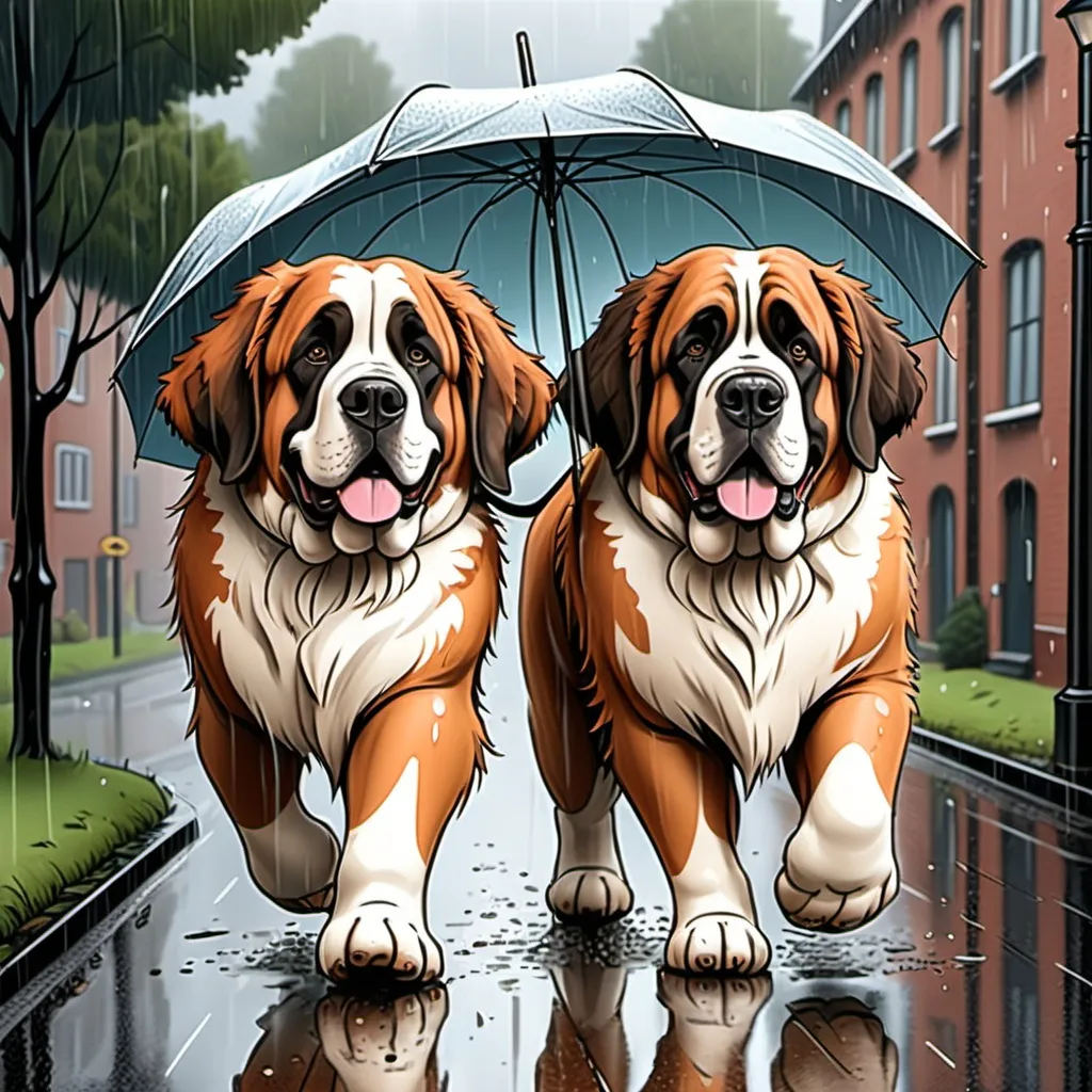 Prompt: Cartoon mit zwei St Bernhard die im Regen spazieren gehen