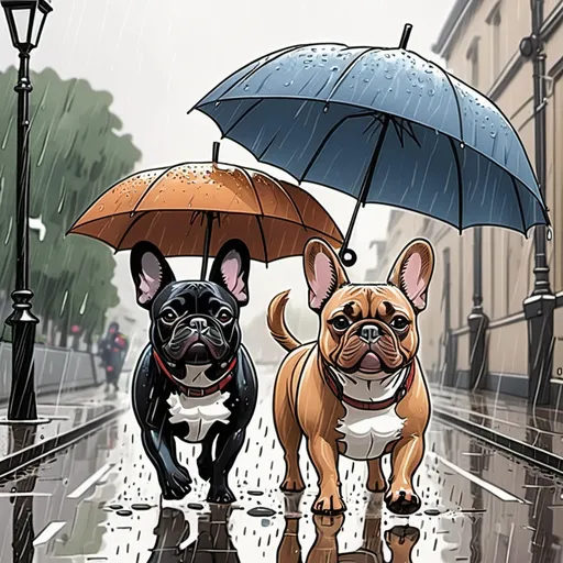 Prompt: Cartoon mit zwei französischen Bulldoggen die im Regen spazieren gehen