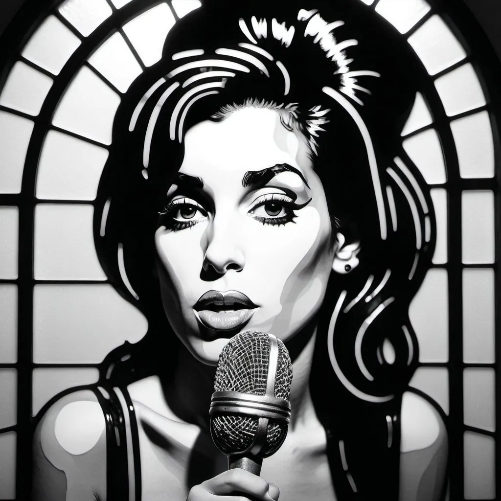 Prompt: Amy Winehouse Microphone simple black and white