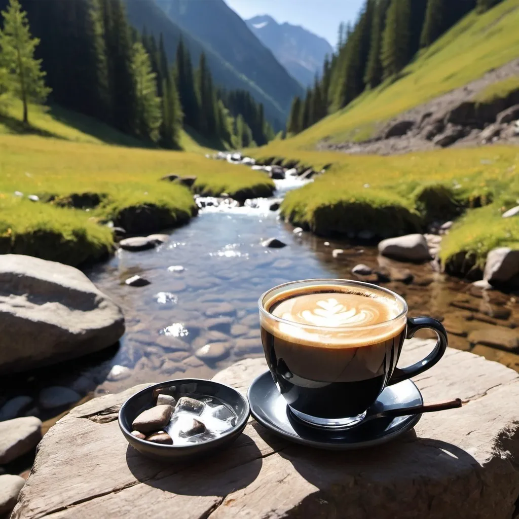 Prompt: A sunny image in the mountain side with a crystal clear creek. A cup of hot coffee on table 