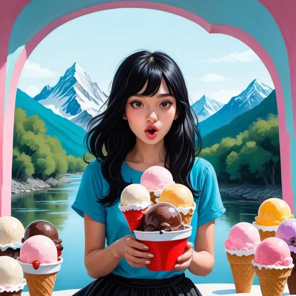 Prompt: Draw a girl with black hair entering a wonderland of icecream with mountains and riverws of icecream