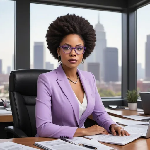 Prompt: Create a digital artwork depicting an Afro-American woman exuding confidence and professionalism in a lavender suit. She wears stylish glasses that accentuate her focused demeanor. This woman is a symbol of strength, grace, and intelligence, embodying the essence of a true businesswoman who thrives in her field without succumbing to drama.

Scene: The setting is a sleek and modern office space. The woman is seated at a polished desk, surrounded by the trappings of a successful career. A business journal lies open before her, filled with notes and ideas that showcase her dedication to her craft. In the background, hints of a bustling city skyline suggest the urban landscape where she navigates the business world with poise and determination.

Mood: Empowering, sophisticated, and professional.

Additional Elements:

Ensure the woman's facial expression reflects her confidence and focus.
Incorporate subtle hints of lavender throughout the scene to emphasize the theme.
Highlight the contrast between the woman's calm demeanor and the dynamic energy of the business world around her.