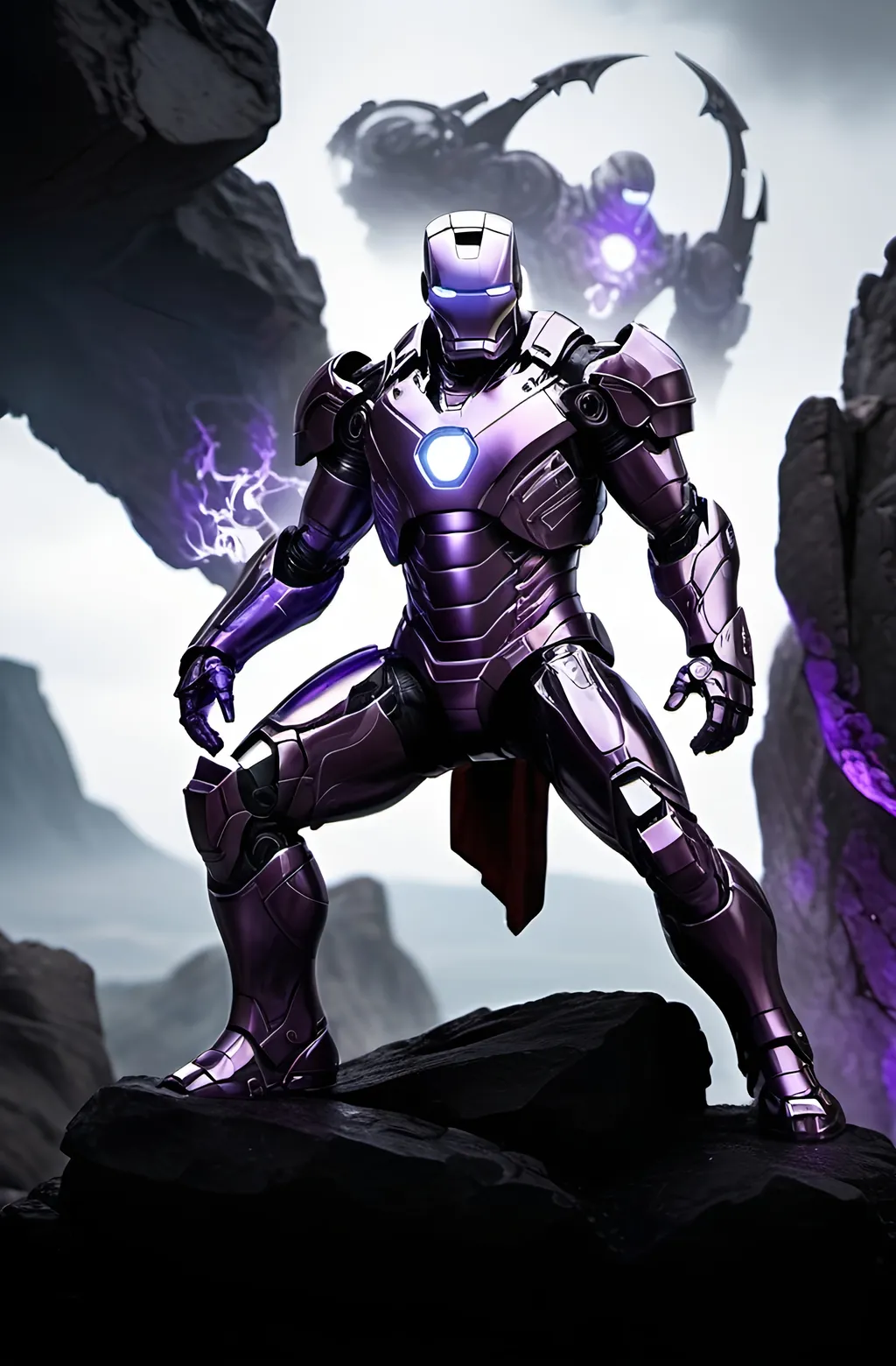 Prompt: dnd fantasy themed, infamous iron man with purple and black color scheme