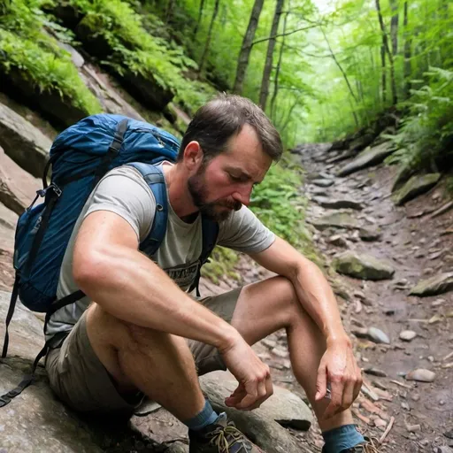 Prompt: A male hiker sitting on the side of a steep Trail in Great Smoky Mountains National Park and in need of rescue because he's sweaty and in agony.