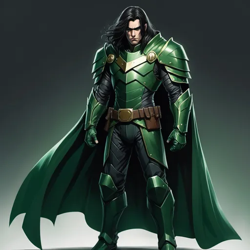 Prompt: Half-Face wears a green suit. The suit has green shoulder pads. The suit has armour. He has long dark hair that flows down to his shoulders. he had a long dark green cape. Half-Face has a belt with explosives and guns. On his legs he has two small, but deadly, pocket knives. His nose and chin were pointing down so a shadow was cast over one side of his face. His smile was scary and deadly. half his face was robot