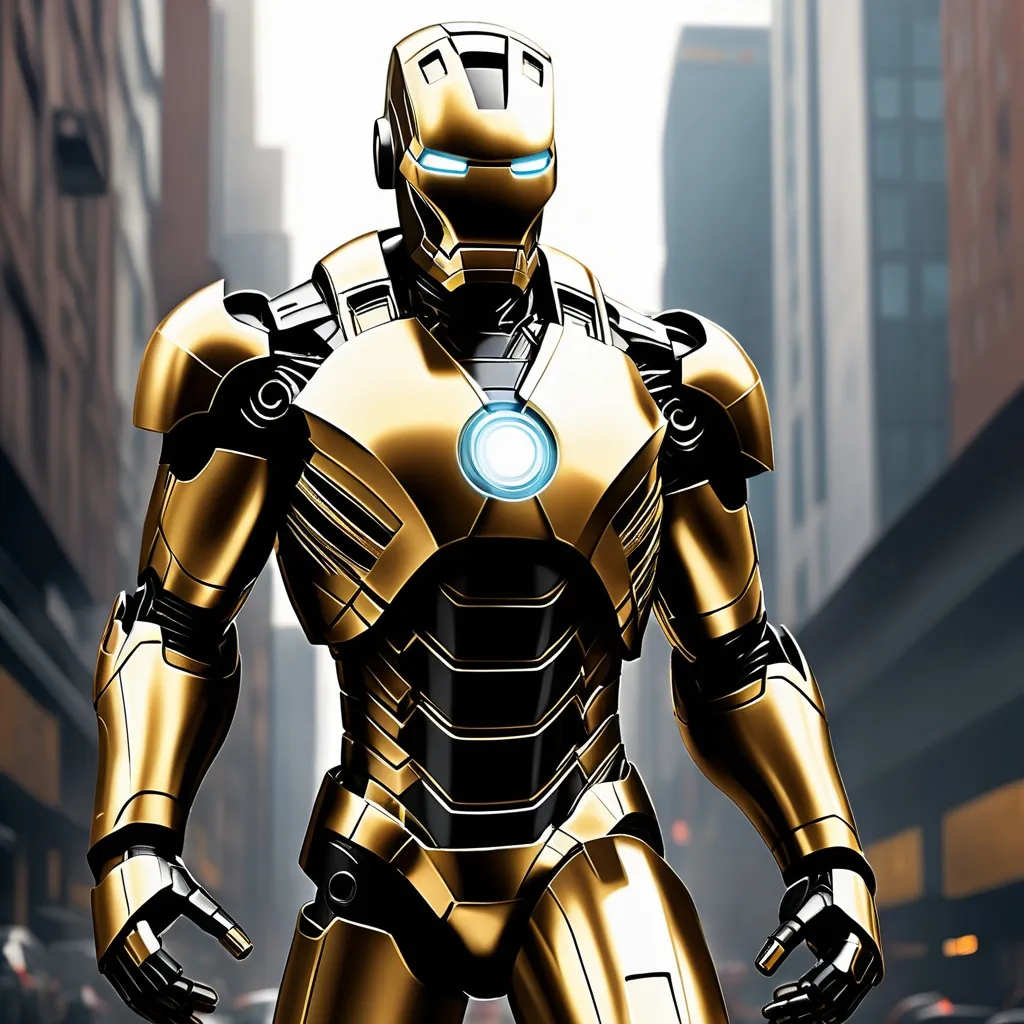 Prompt: gold and black iron man   city ciberpunk