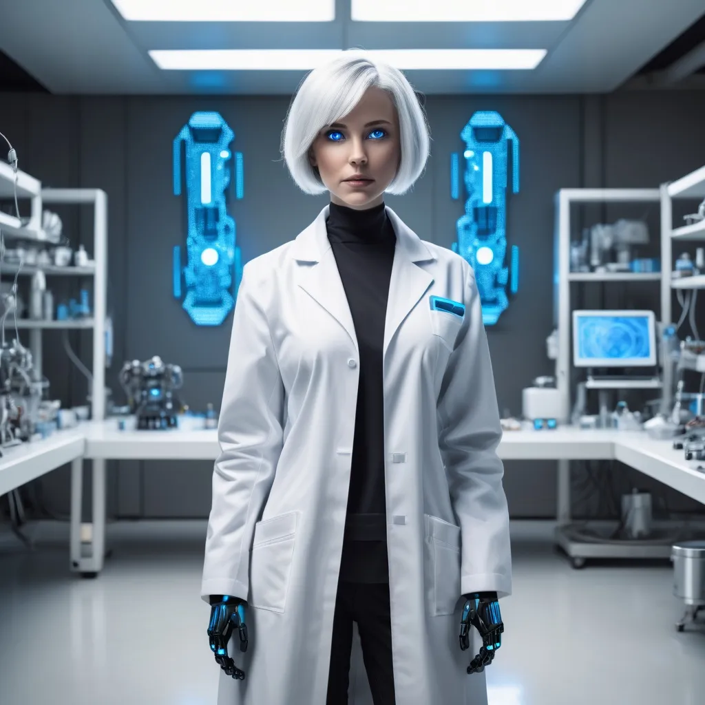 Prompt: a futuristic robot with blue glowing eyes, short silver hair, wearing a white lab coat, standing in a futuristic laboratory