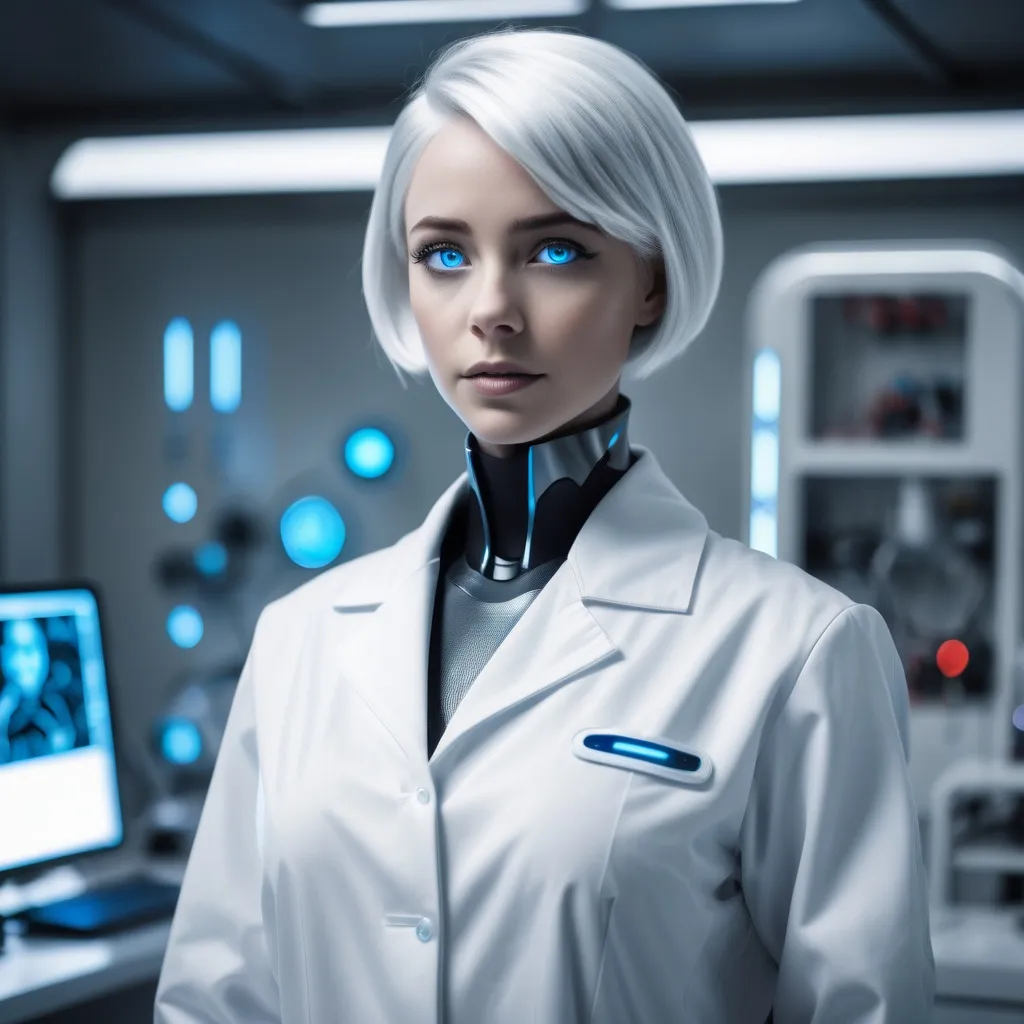 Prompt: a futuristic robot with blue glowing eyes, short silver hair, wearing a white lab coat, standing in a futuristic laboratory