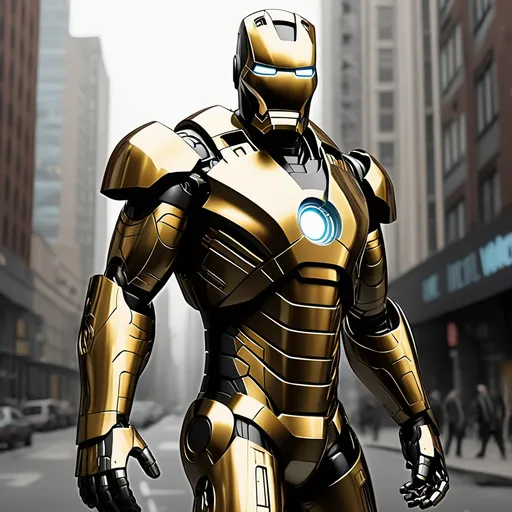 Prompt: gold and black iron man   city ciberpunk