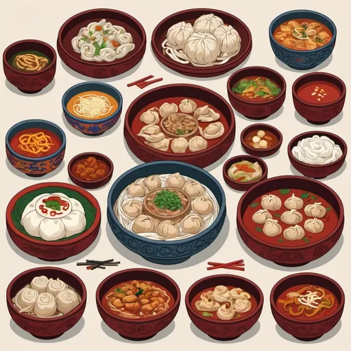 Prompt: 3 meter by 3 meter simple  illustration of tibetan foods


