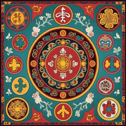 Prompt: 3 by 3 illustration of tibetan lucky signs


