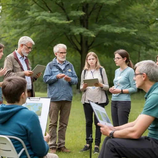 Prompt: Different age people listening to a citizen science project presentation outdoors