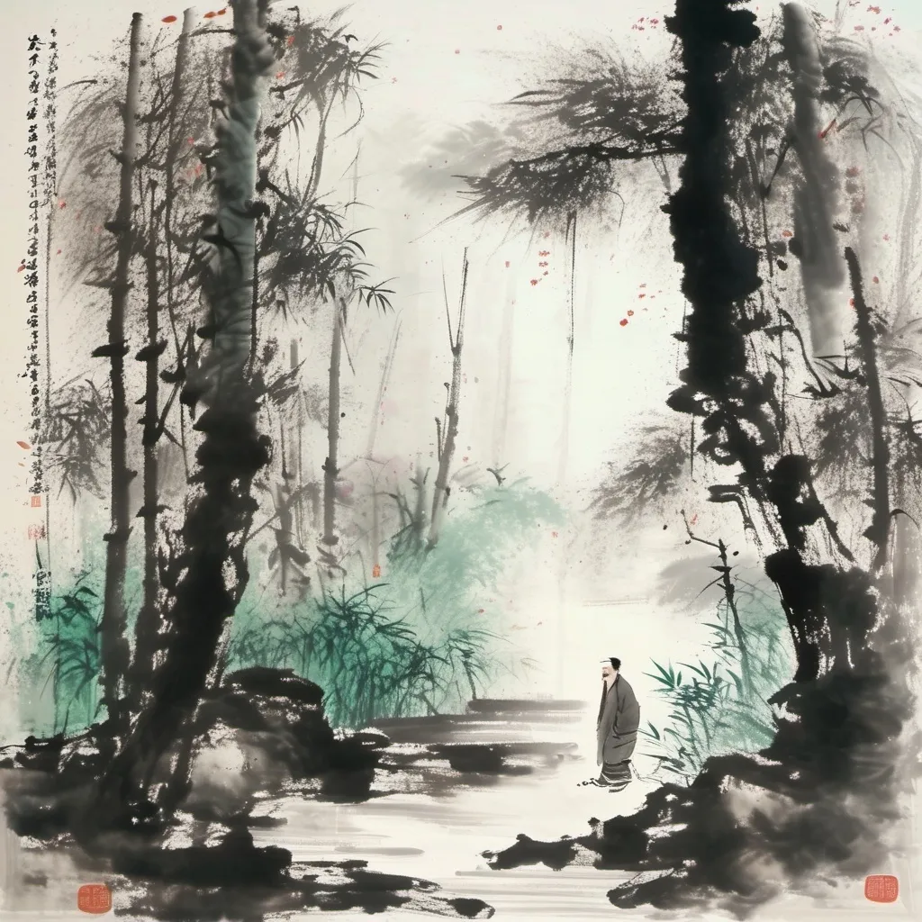 Prompt: ink painting,A man wandering in the forest,smile, Chinese style, Emotional,sad