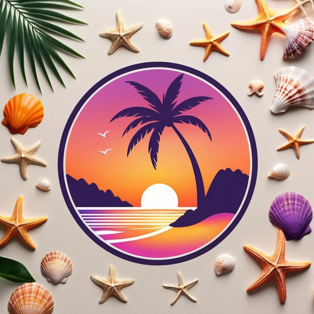 Prompt: Create a beautiful logo or my business. It is a boutique and the name to include is : Sunset Beach Dreaming
Make the logo beautiful,elegant, glamourous,golden sunset surrounded by a dazzling tangerine, torquiose,pink and purple sky , include sea shells,starfish,palm trees, beach waves etc...