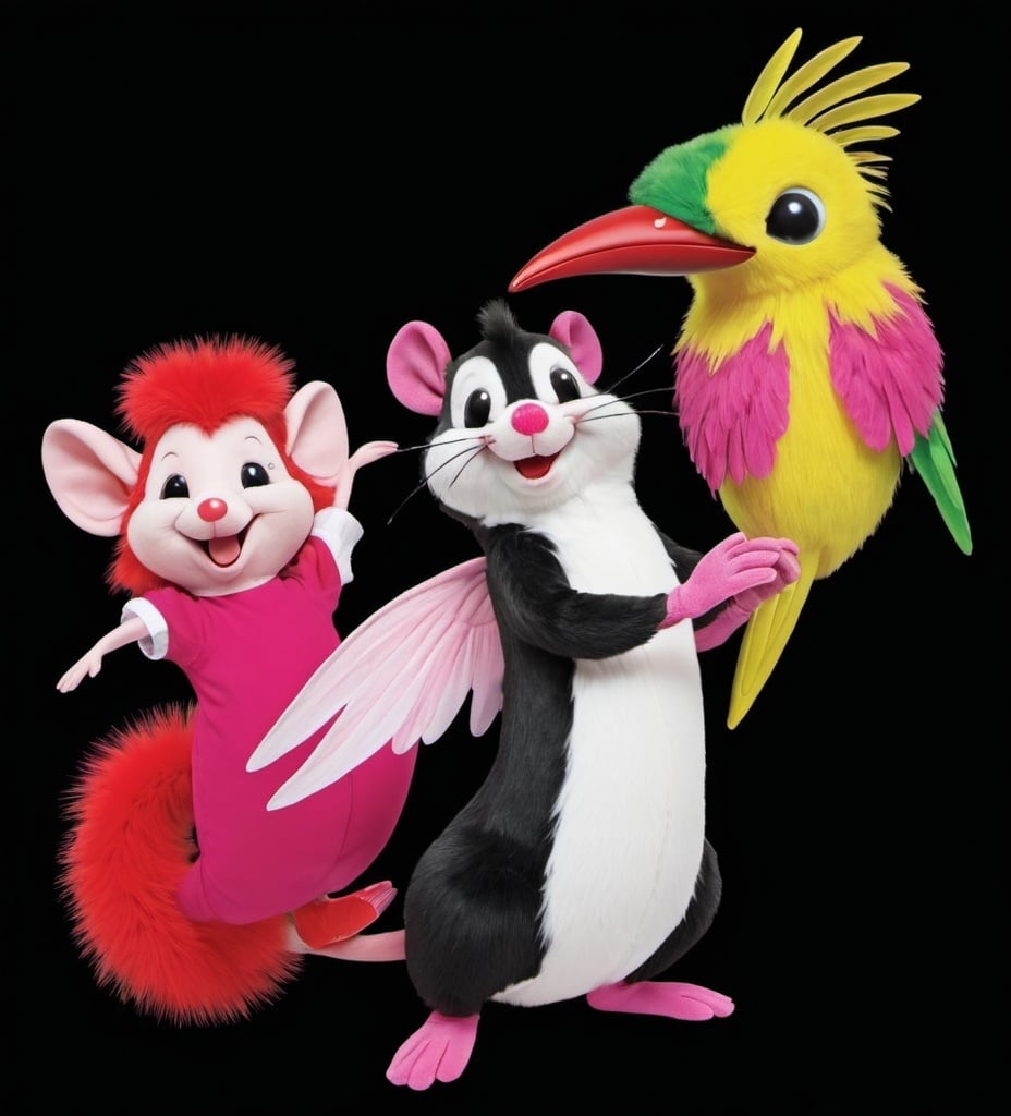 Prompt: Tickle the Mouse with red shoes, Narf the skunk with a pink tail, and Gulli the hummingbird 