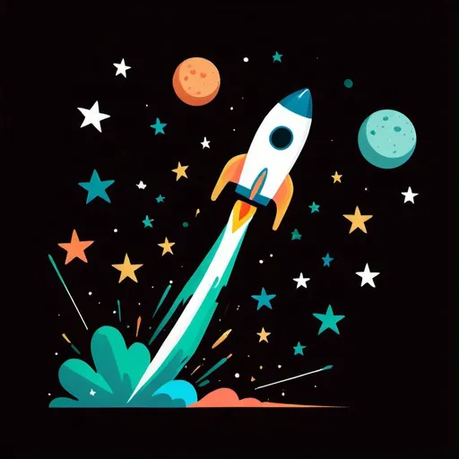 Prompt: draw a illustration with a flat style,white background, predominantly green and blue colors and add stars with a cartoon rocket taking off