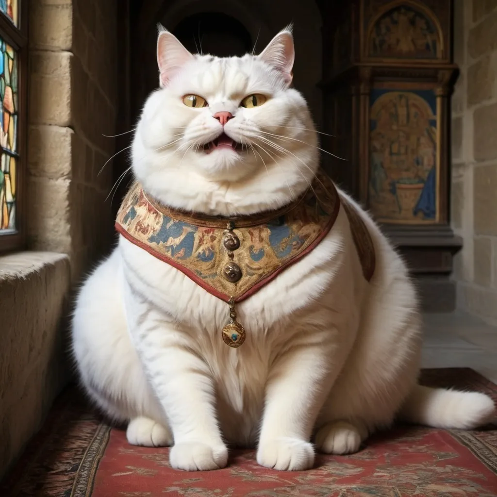 Prompt: King Andrew II of Hungary’s chubby, constantly laughing cat. The cat is plump and fluffy, with a perpetually amused expression on its face. It lounges comfortably on a lavishly decorated pillow in the grand hall of a medieval castle. The hall is adorned with tapestries and banners, with tall stone walls and large windows letting in streams of sunlight. The cat's laughter echoes through the hall, creating a whimsical and joyous atmosphere.