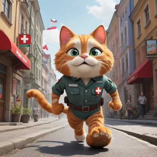 Prompt: In the whimsical world of animated wonder, amidst the colorful streets of Hungary, there exists a scene straight out of a cartoon dream. Enter our valiant hero, a feline figure with exaggerated features and vibrant fur that pops against the backdrop of the animated landscape. This heroic rescue cat, with eyes as large as saucers and a nose that wiggles with every movement, strides confidently through the bustling streets, its cartoonish paws adorned with oversized boots that squeak with each step.

Perched jauntily atop its head is a helmet, a comically oversized accessory adorned with the emblem of the Hungarian Red Cross, its colors bold and exaggerated in true cartoon fashion. Strapped to its back is a uniform that seems to defy the laws of physics, billowing in the imaginary breeze as the cat dashes to the rescue.

Emblazoned across its chest in bold, exaggerated letters is the designation "Mentős", its cartoonish font adding to the whimsy of the scene. Pockets and pouches adorned with zippers and buttons adorn the uniform, each one seemingly larger than life and bursting with animated medical supplies that bounce and jiggle with each movement.

As our hero bounds through the animated streets, its actions accompanied by a playful soundtrack of cartoonish sound effects, it embodies the essence of bravery and compassion in a way that only animation can capture. With each exaggerated leap and dramatic gesture, it brings a smile to the faces of viewers young and old, a reminder that even in the most fantastical of worlds, heroes come in all shapes and sizes.