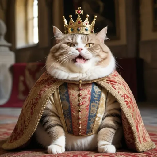 Prompt: King Andrew II of Hungary’s chubby, constantly laughing cat, who is hilariously dressed up and posing in the royal environment. The cat is plump and fluffy, with a perpetually amused expression that makes everyone laugh. Draped in miniature royal attire, complete with a tiny crown and a velvet cape, the cat strikes comical poses on a lavishly decorated pillow in the grand hall of a medieval castle. The hall is adorned with tapestries and banners, with tall stone walls and large windows letting in streams of sunlight. The cat's laughter echoes through the hall, creating a whimsical and joyous atmosphere. Everyone around finds the cat's antics and its ridiculously regal appearance utterly amusing, adding to the hilarity of the scene.