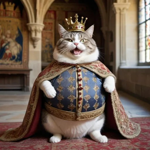 Prompt: King Andrew II of Hungary’s chubby, constantly laughing cat, who is hilariously dressed up and posing in the royal environment. The cat is plump and fluffy, with a perpetually amused expression that makes everyone laugh. Draped in miniature royal attire, complete with a tiny crown and a velvet cape, the cat strikes comical poses on a lavishly decorated pillow in the grand hall of a medieval castle. The hall is adorned with tapestries and banners, with tall stone walls and large windows letting in streams of sunlight. The cat's laughter echoes through the hall, creating a whimsical and joyous atmosphere. Everyone around finds the cat's antics and its ridiculously regal appearance utterly amusing, adding to the hilarity of the scene.