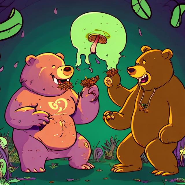 Prompt: 2 stupid weed smoker bum-bear throwing music on each other while consuming magic mushroom and they are giggly happy