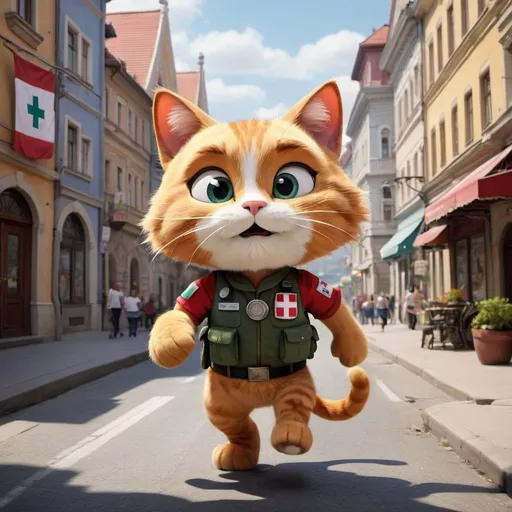 Prompt: In the whimsical world of animated wonder, amidst the colorful streets of Hungary, there exists a scene straight out of a cartoon dream. Enter our valiant hero, a feline figure with exaggerated features and vibrant fur that pops against the backdrop of the animated landscape. This heroic rescue cat, with eyes as large as saucers and a nose that wiggles with every movement, strides confidently through the bustling streets, its cartoonish paws adorned with oversized boots that squeak with each step.

Perched jauntily atop its head is a helmet, a comically oversized accessory adorned with the emblem of the Hungarian Red Cross, its colors bold and exaggerated in true cartoon fashion. Strapped to its back is a uniform that seems to defy the laws of physics, billowing in the imaginary breeze as the cat dashes to the rescue.

Emblazoned across its chest in bold, exaggerated letters is the designation "Mentős", its cartoonish font adding to the whimsy of the scene. Pockets and pouches adorned with zippers and buttons adorn the uniform, each one seemingly larger than life and bursting with animated medical supplies that bounce and jiggle with each movement.

As our hero bounds through the animated streets, its actions accompanied by a playful soundtrack of cartoonish sound effects, it embodies the essence of bravery and compassion in a way that only animation can capture. With each exaggerated leap and dramatic gesture, it brings a smile to the faces of viewers young and old, a reminder that even in the most fantastical of worlds, heroes come in all shapes and sizes.