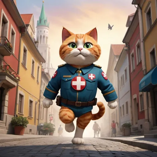 Prompt: In the whimsical world of animated wonder, amidst the colorful streets of Hungary, there exists a scene straight out of a cartoon dream. Enter our valiant hero, a feline figure with exaggerated features and vibrant fur that pops against the backdrop of the animated landscape. This heroic rescue cat, with eyes as large as saucers and a nose that wiggles with every movement, strides confidently through the bustling streets, its cartoonish paws adorned with oversized boots that squeak with each step.

Perched jauntily atop its head is a helmet, a comically oversized accessory adorned with the emblem of the Hungarian Red Cross, its colors bold and exaggerated in true cartoon fashion. Strapped to its back is a uniform that seems to defy the laws of physics, billowing in the imaginary breeze as the cat dashes to the rescue.

Emblazoned across its chest in bold, exaggerated letters is the designation "Mentős", its cartoonish font adding to the whimsy of the scene. Pockets and pouches adorned with zippers and buttons adorn the uniform, each one seemingly larger than life and bursting with animated medical supplies that bounce and jiggle with each movement.

As our hero bounds through the animated streets, its actions accompanied by a playful soundtrack of cartoonish sound effects, it embodies the essence of bravery and compassion in a way that only animation can capture. With each exaggerated leap and dramatic gesture, it brings a smile to the faces of viewers young and old, a reminder that even in the most fantastical of worlds, heroes come in all shapes and sizes.