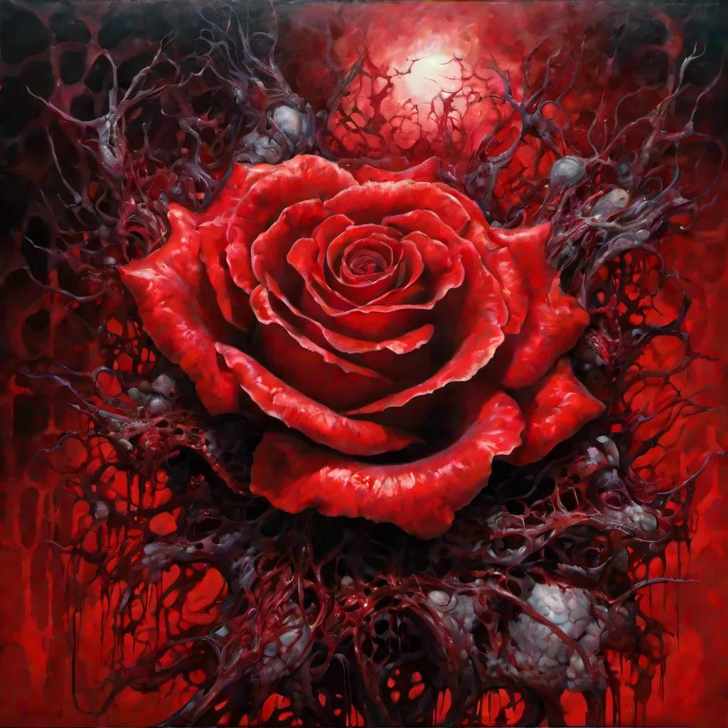 Prompt: <mymodel>  a vivid red rose, oil painting, intricate details, depth, alien