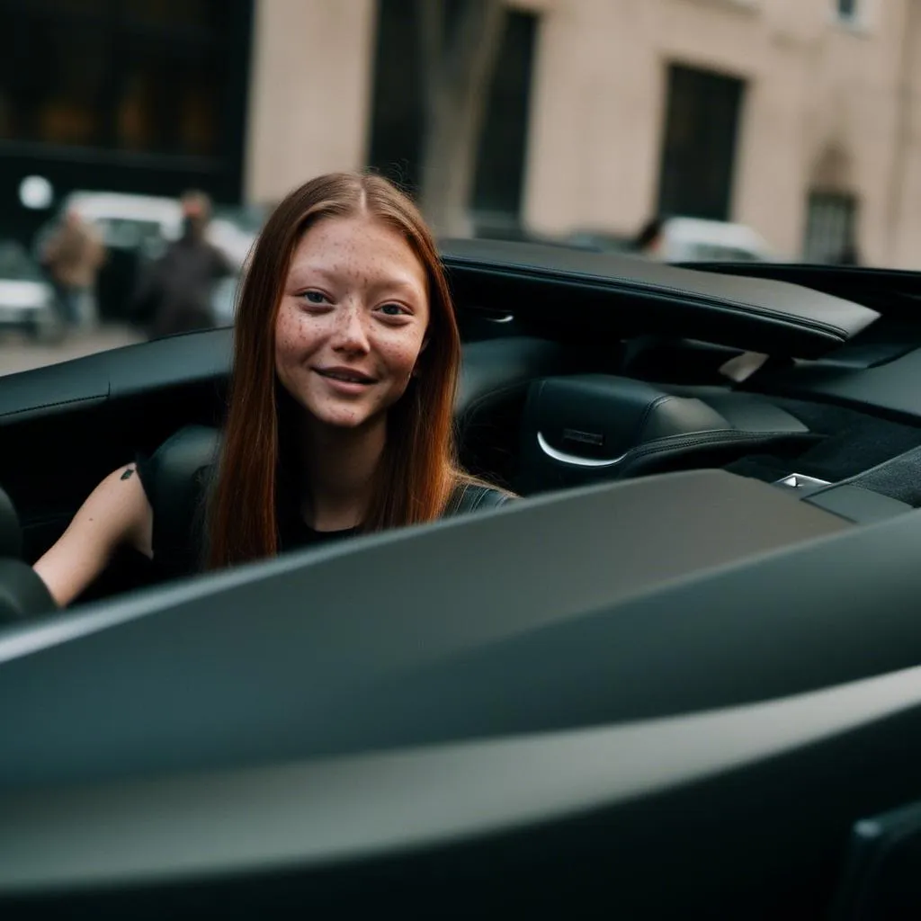 Prompt: <mymodel> smiling in a lamborghini, speed, motion