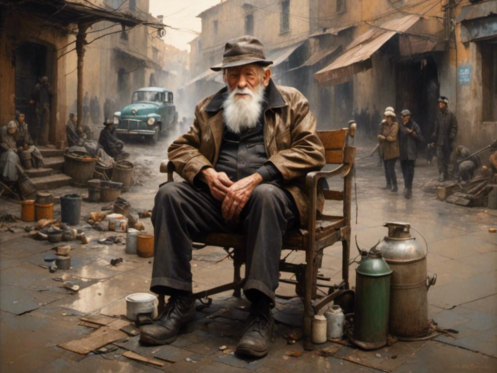 Prompt: <mymodel>  portrait of old man in town