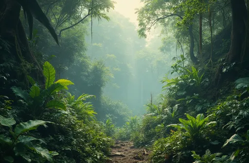 Prompt: Beautiful photorealistic landscape, prehistoric jungle, thick vegitation