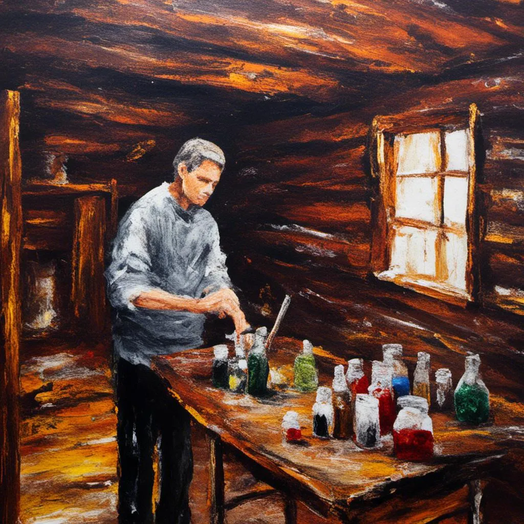 Prompt: <mymodel> a scientist mixing potions in wooden cabin, oil on canvas, <mymodel>, <mymodel>