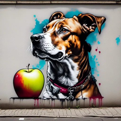 Prompt: <mymodel> a dog with apple in mouth, street art