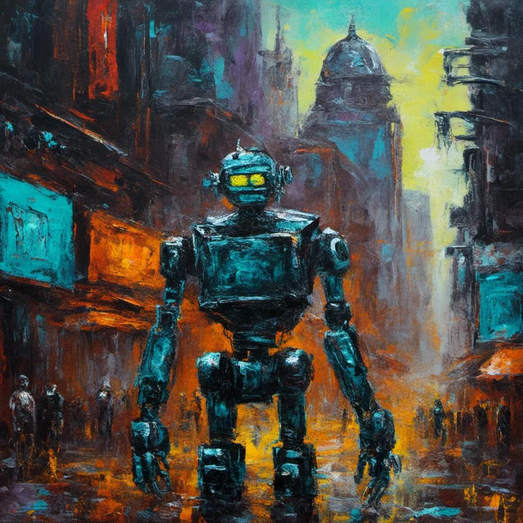 Prompt: <mymodel> a robot in cyberpunk city, oil on canvas, impressionist painting