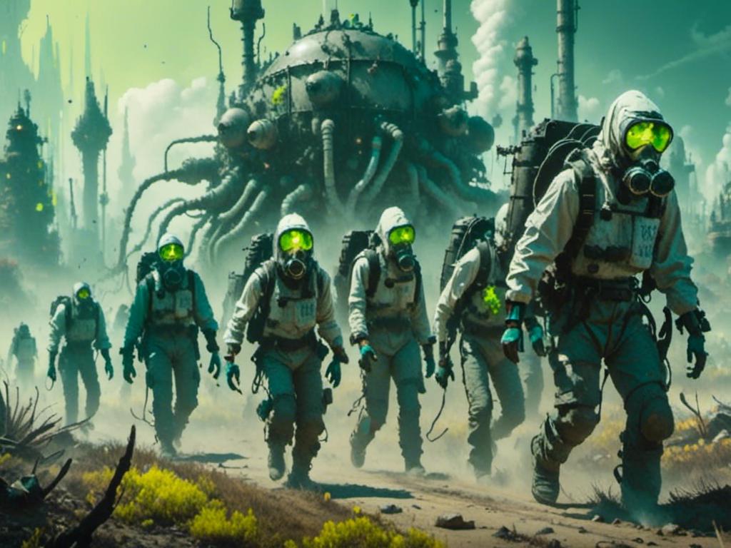 Prompt: <mymodel> portrait of a group of people wearing hazmatsuits heading to a toxic city, high quality, intricate detail