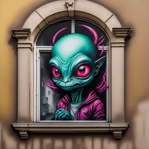 Prompt: <mymodel> a alien monster peeking through a windows street art