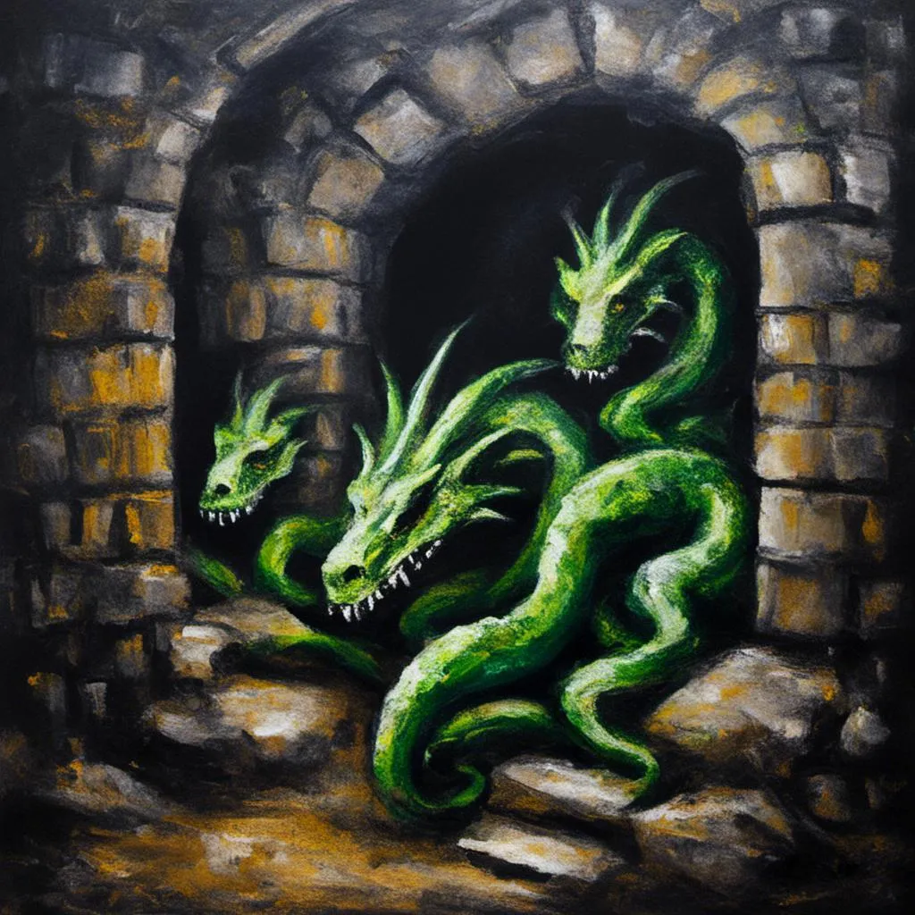 Prompt: <mymodel> 3headed hydra in dungeon, oil on canvas