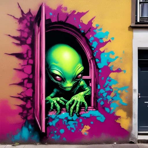 Prompt: <mymodel> a alien monster peeking through a windows street art