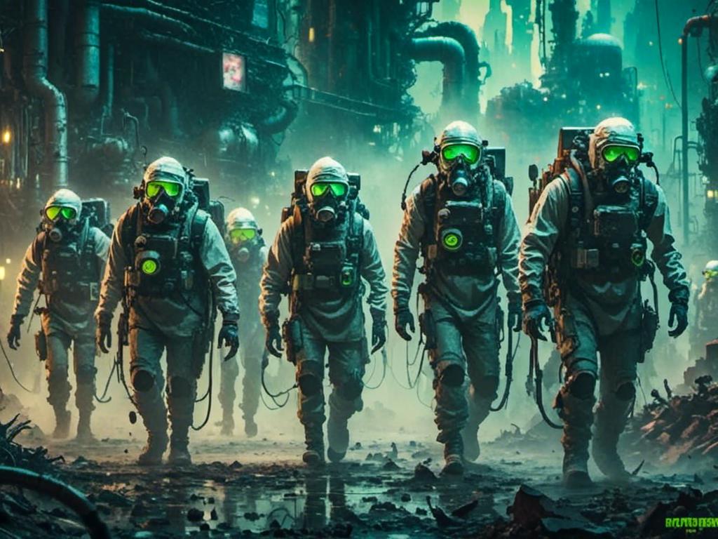 Prompt: <mymodel> portrait of a group of people wearing hazmatsuits heading to a toxic city, high quality, intricate detail