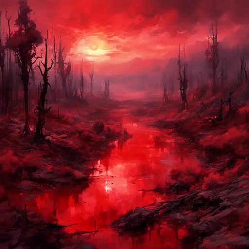 Prompt: <mymodel>  fiery red bloody sunset, {red-hued landscape}, warmth